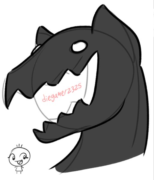 a head shot of a black pony without any hair or a horn, with white eyes and a giant open mouth in a smile with sharp teeth