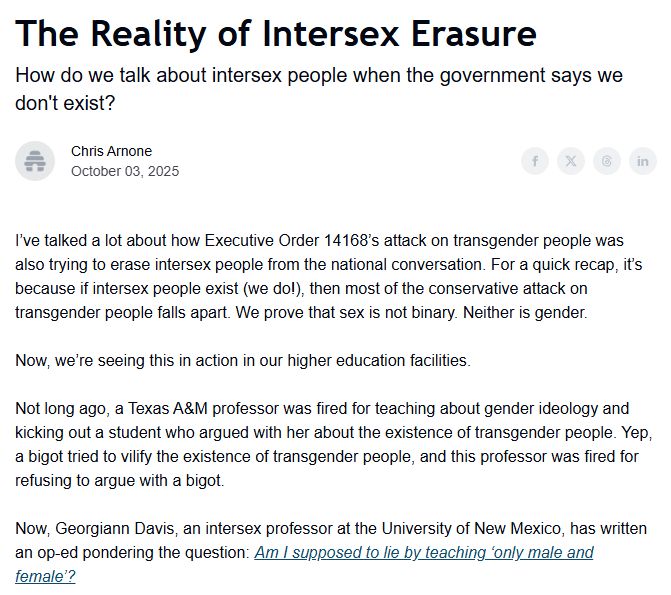 Screenshot from newsletter: The Reality of Intersex Erasure, How do we talk about Intersex people when the governments says we don't exist?