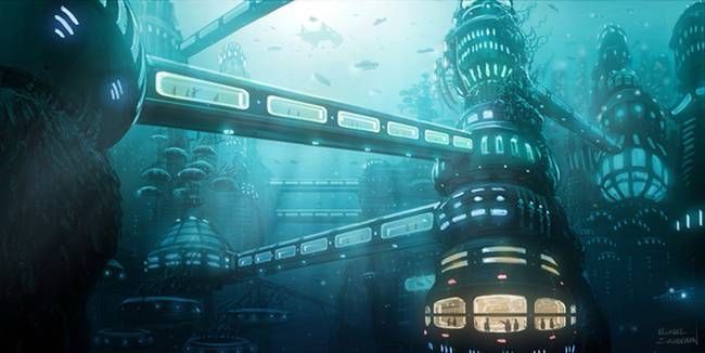 Underwater cityscape with futuristic buildings connected by tube-like bridges, illuminated windows, marine life swimming around, and a calm, mysterious aura.