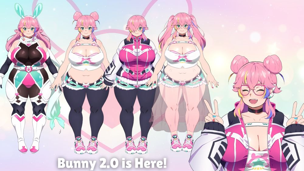An image showing four different outfits and hairstyles of Bunny;
1. In her normal hero suit 2. In a crop top and shorts 3. In a jacket and shorts with glasses 4. In a crop top and tule skirt