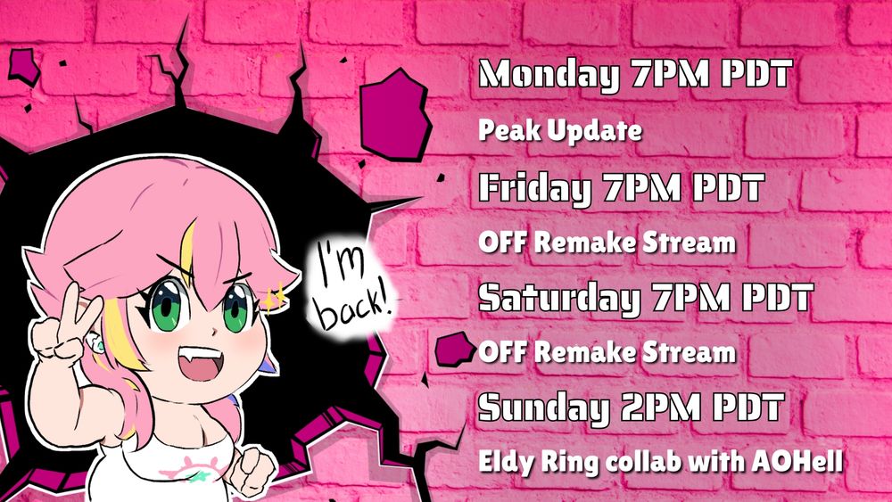 A schedule graphic showing that Bunny streams on Monday, Friday, and Saturday at 7PM PDT, and at 2PM PDT on Sunday