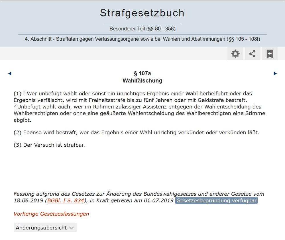 §107a des Strafgesetzbuches: Wahlfälschung, aufzurufen hier:
https://dejure.org/gesetze/StGB/107a.html