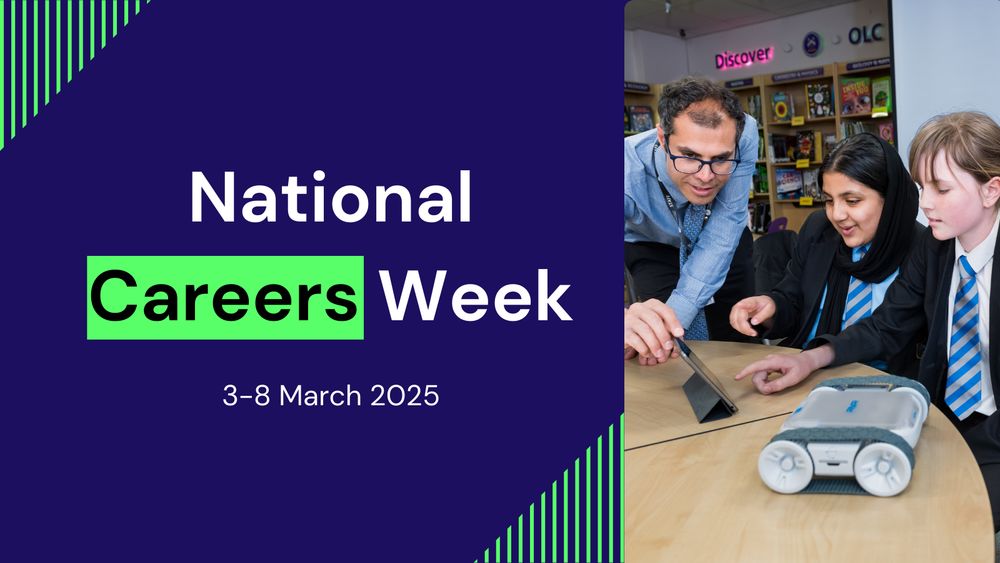 Image showing an adult and two students in school uniforms examining a tablet during National Careers Week, happening from March 3-8, 2025.