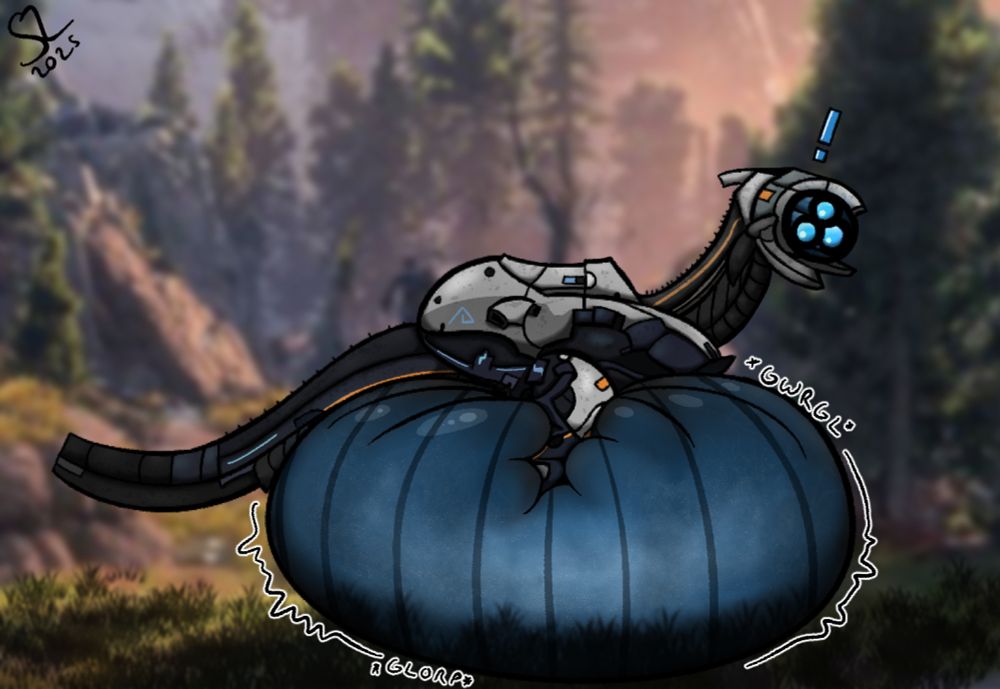 A dinosaur-like robot called a Watcher from Horizon: Zero Dawn. It's belly is bloated to a large size with some mysterious glowing blue liquid, surprising the robot.