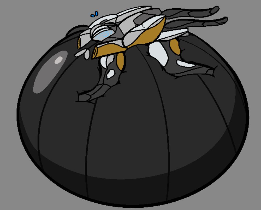 A simple drawing of a Specter from the game Horizon: Forbidden West. Its belly is inexplicably blown up to a large size, leaving the robot worried as it rests atop its huge, rubbery middle.