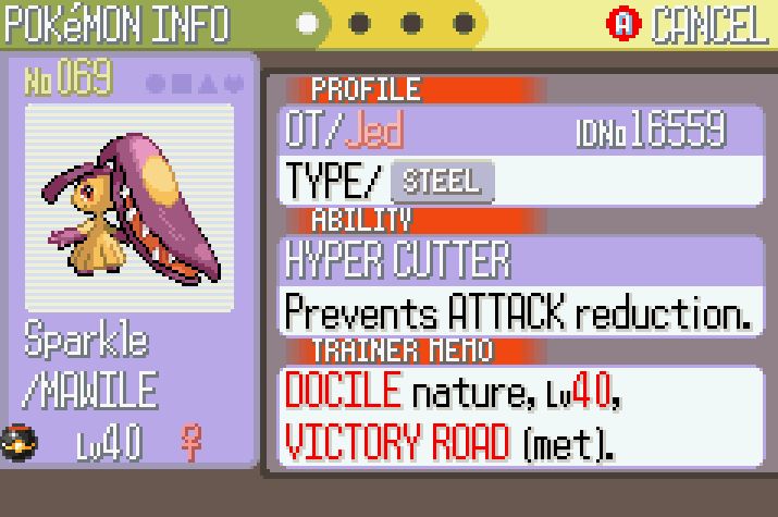 Mawile's summary screen. She is named Sparkle