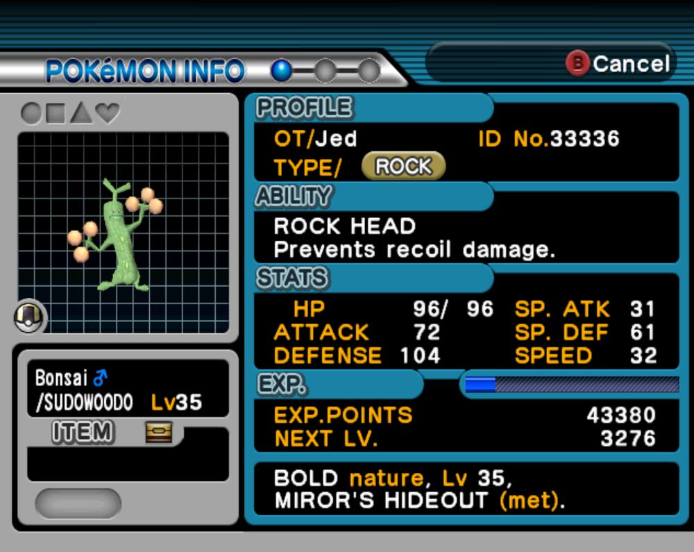 Shiny sudowoodo called Bonsai
