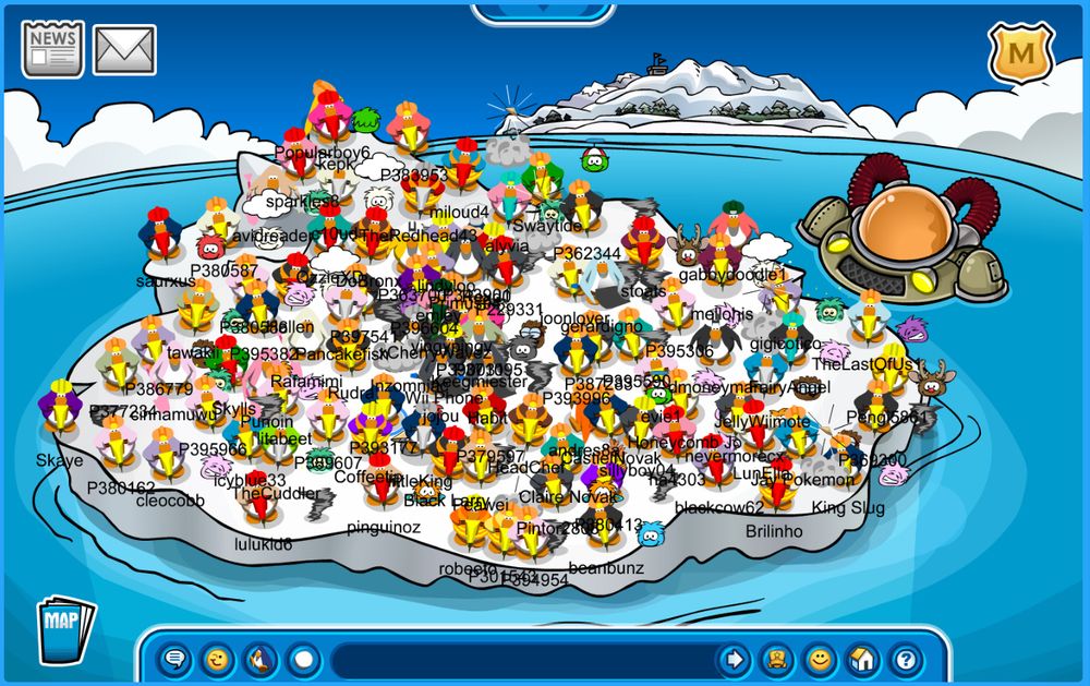 Screenshot from club penguin (journey). A lot of people are drilling at the iceberg