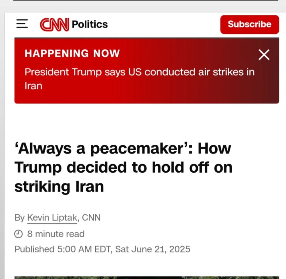 Screen shot of CNN site with a Saturday breaking news alert explaining that Trump launched a strike against Iran atop a CNN story from the same day headlined “Always a peacemaker”: How Trump decided to hold off on striking Iran