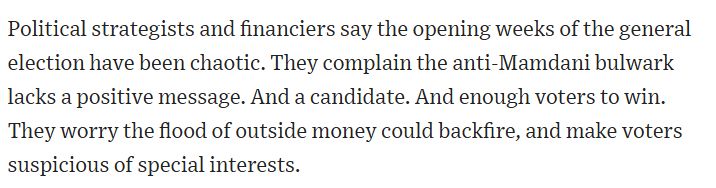 Political strategists and financiers say the opening weeks of the general election have been chaotic. They complain the anti-Mamdani bulwark lacks a positive message. And a candidate. And enough voters to win. They worry the flood of outside money could backfire, and make voters suspicious of special interests.