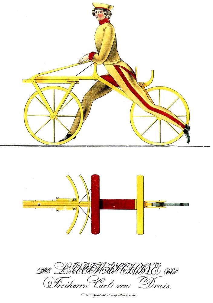 Schematische Darstellung der Laufmaschine von Freiherr von Carl von Drais, 1817.  In der Form einem modernen Fahrrad mit zwei Reifen ähnlich, aber es gibt keine Pedalen und Ketten, man muss sich mit den Füßen vom Boden abstoßen. 