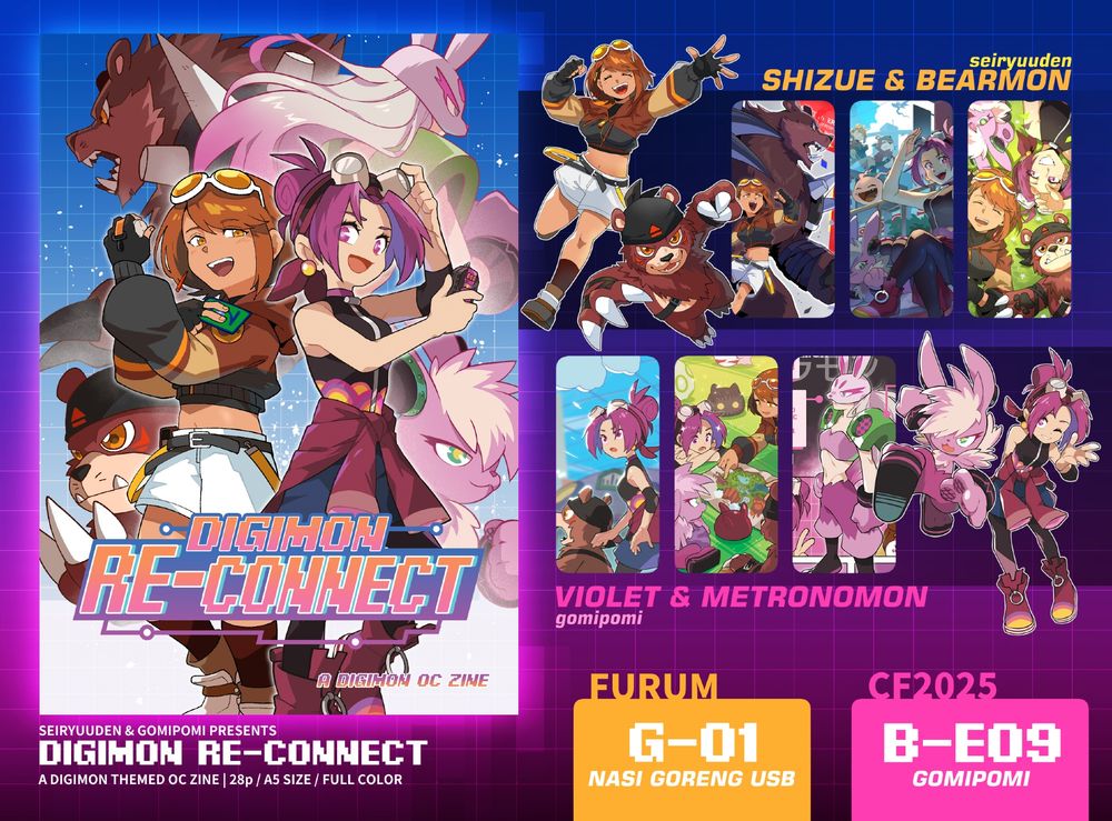 A promotional image of a Digimon OC oriented zine, featuring two female characters and their digimon partners. The image features snippet of artworks from Seiryuuden and Sapphire (gomipomi). The zine will be sold at FURUM & Comic Fiesta 2025 in Malaysia.