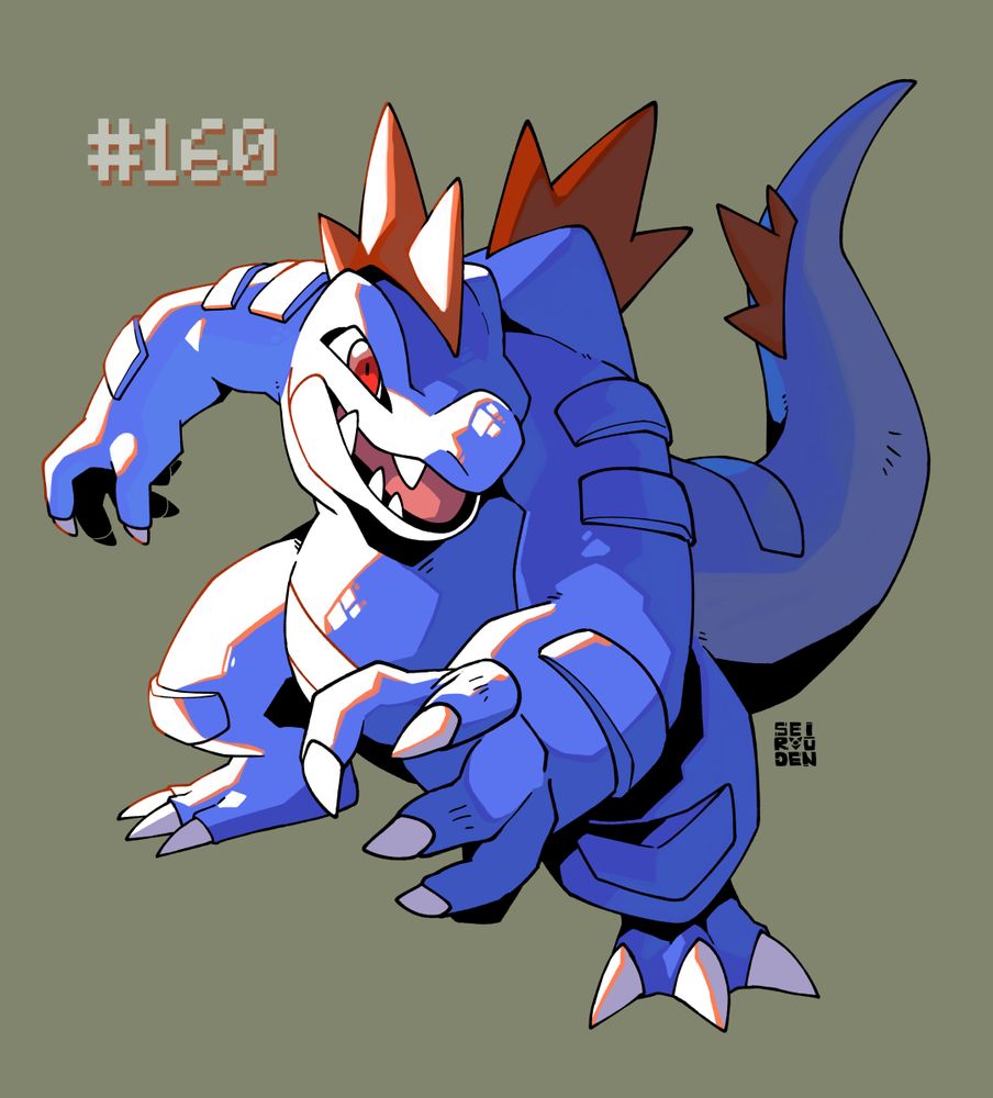 artwork of a Feraligatr posing menacingly with color scheme that resembles the video game sprite (Pokemon Crystal).