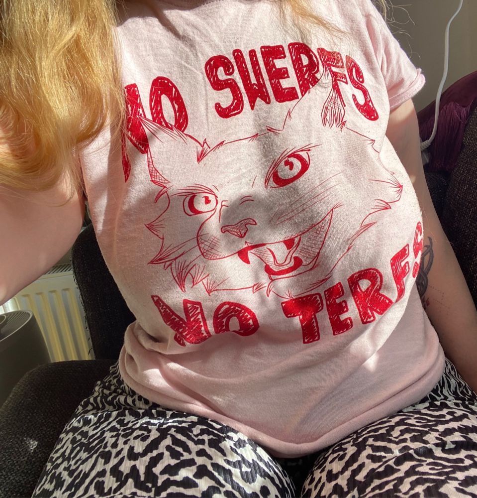 selfie of me sitting on my couch wearing black & white pants and a pink t shirt with red writing that says NO SWERFS above and NO TERFS below a red line drawing of an angry cat