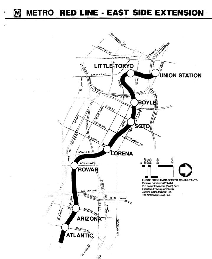 old drawing prepared by parsons brinckerhoff of the los angeles metro red line subway east side extension. it had proposed stations at little tokyo, 1st / boyle, brooklyn / soto, 1st / lorena, whittier / rowan, arizona avenue, and atlantic boulevard.