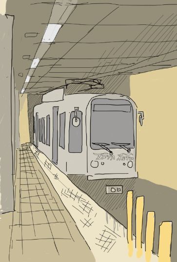 digital sketch of a nfta-metro train entering a subway station