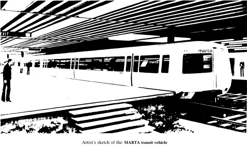 Artist's sketch of the MARTA transit vehicle. it shows a MARTA train at a station, rendered in monochrome and extremely high contrast shading