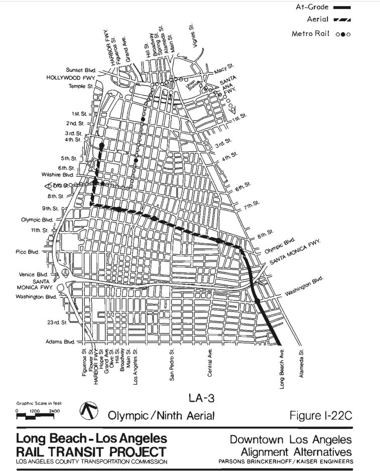 figure 1: map titled LA-3 showing a rail route running north along Long Beach Avenue to Olympic boulevard, where it transitions to an elevated viaduct that runs along Olympic and Ninth street, before turning north onto Figueroa, where it has an elevated station at 7th and terminates at 4th. 