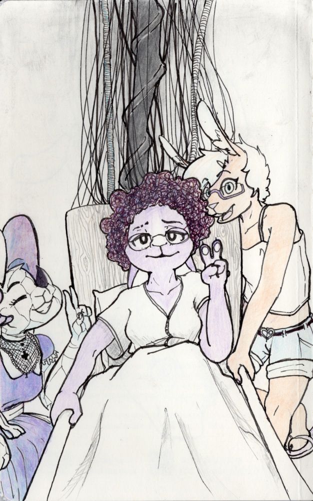 A drawing of three anthropomorphic bunny characters. One on the left is sitting, another on the right is standing up, and the one in the center is lying down in a hospital bed. All three of them are smiling at the viewer, as if posing for a photo.