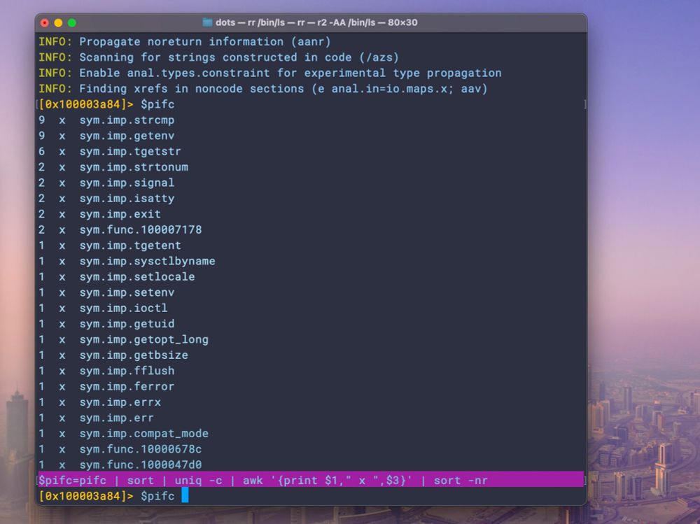 Use this r2 alias to sort and count calls in a function: $pifc='pifc | sort | uniq -c | awk '{print $1," x ",$3}' | sort -nr' (escape the pipes and inner quotes when using in .radarerc config file).