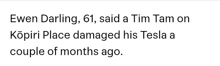 An excerpt from the article linked to in the original post, which reads: "Ewen Darling, 61, said a Tim Tam on Kōpiri Place damaged his Tesla a couple of months ago."
