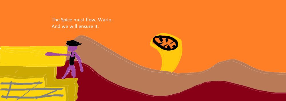 Waluigi is on a Wario mech, saying "The spice must flow Wario. And we will ensure it. There is a sandworm in the background.