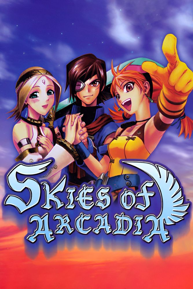 Skies of Arcadia image from IMDB, has the game name and features Fina, Vyse, and Aika, the three main cast members.
