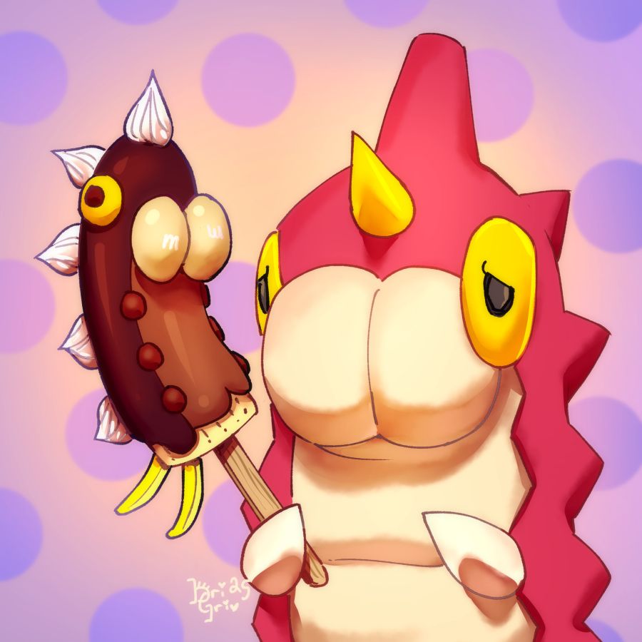 Wurmple holds up a dessert on a stick that somewhat resembles him