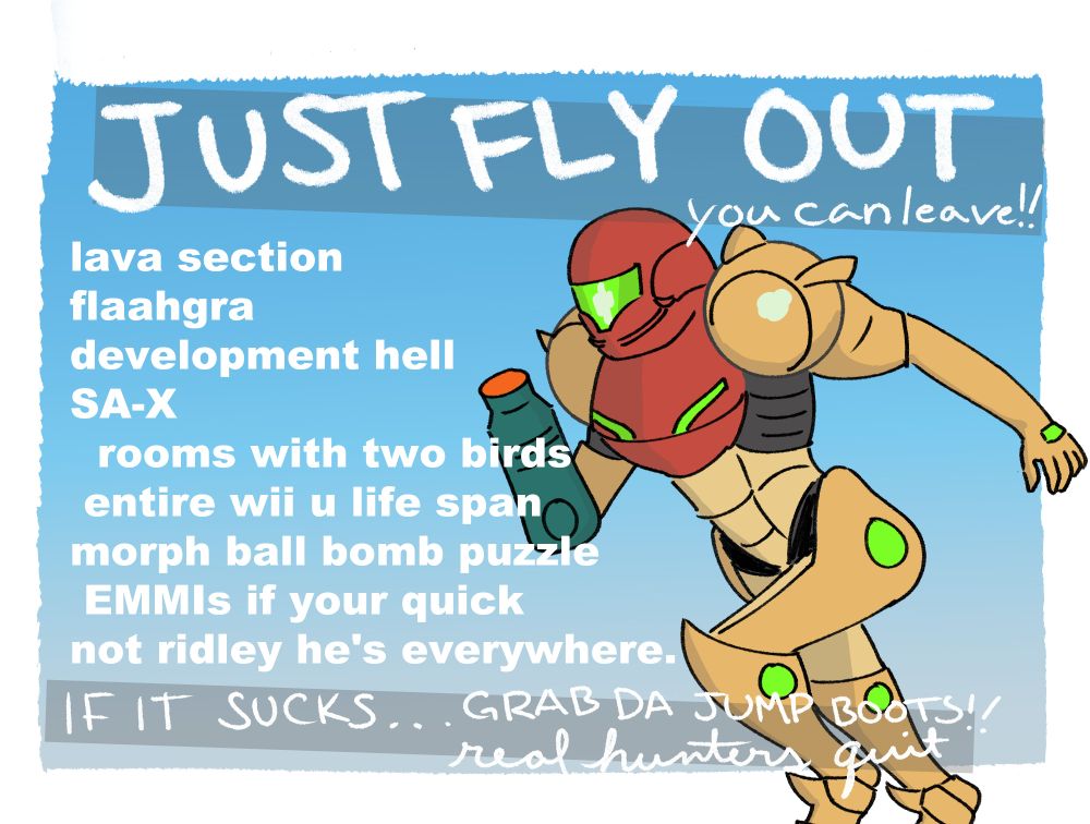 an image of Samus Aran moving quickly, with a list of things she can run away from: lava section, flaahgra, development hell, SA-X, rooms with two birds, entire wii u life span, morph ball bomb puzzle, EMMIs, not ridley he's everywhere