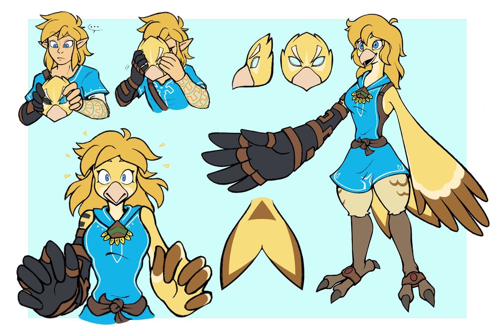 Reference picture for Lina. It shows a full body shot, and Link adorning a Rito mask that turned them into a female Rito.