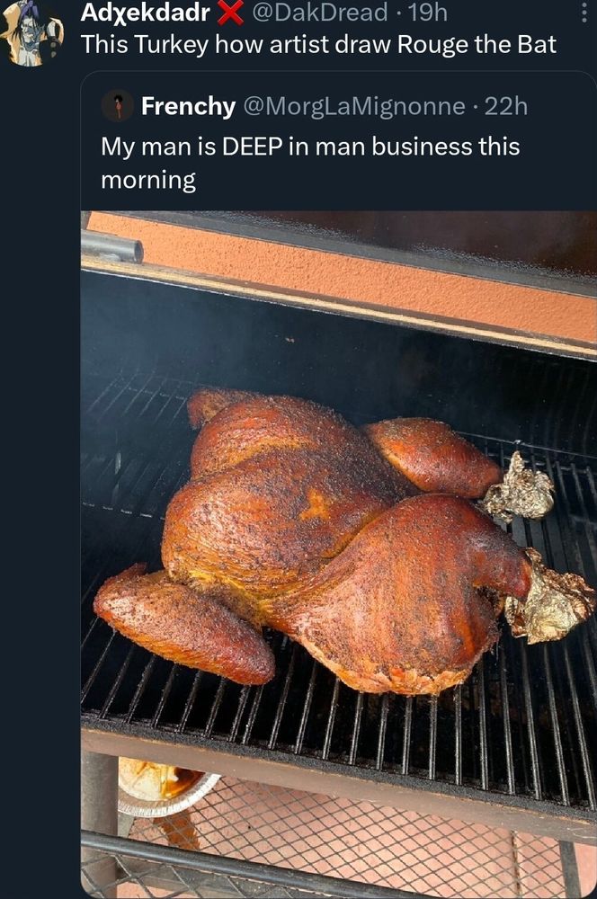 Post from @DakDread reading “this turkey shaped how artists draw Rouge the Bat,” over a roasted turkey that is, in fact, shaped like how artists draw Rouge the Bat.