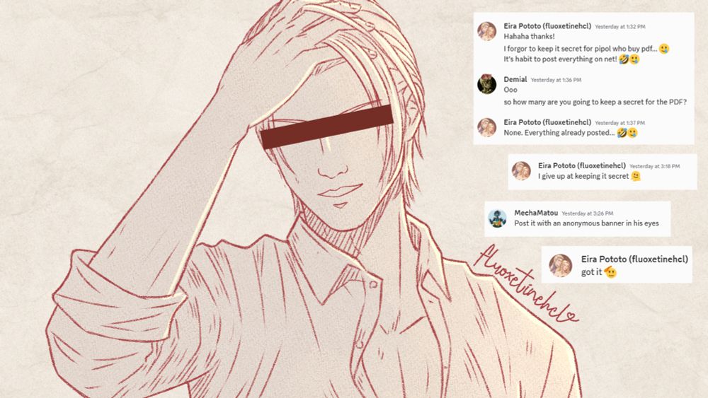 A drawing of Rufus Shinra with line censor on his eyes. On the right, a screenshot of discord conversation about advice to put line censor on his eyes for wip posting.