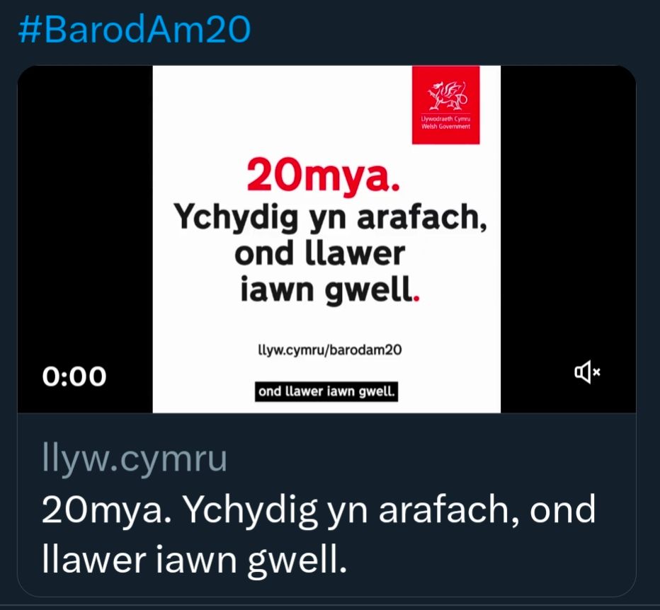 Screenshot of an advert from Twitter - there's a video and accompanying text in Welsh about 30mph areas changing to 20mph.