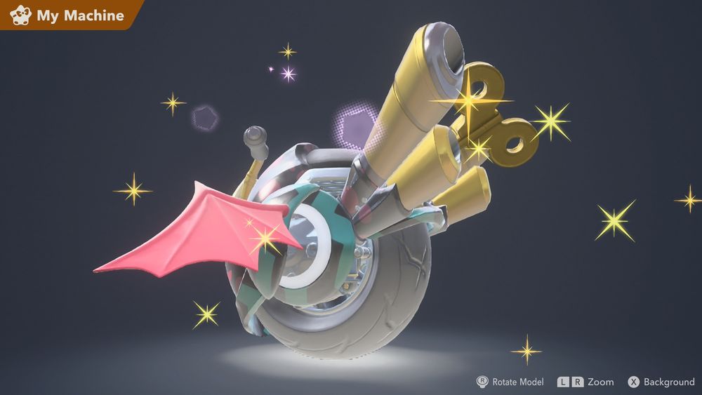 Customised Wheelie Bike in Kirby Air Riders, modelled after Callie's appearance in Splatoon 2's final boss fight. It also has pink bat wings on its sides and a wind-up key in the back