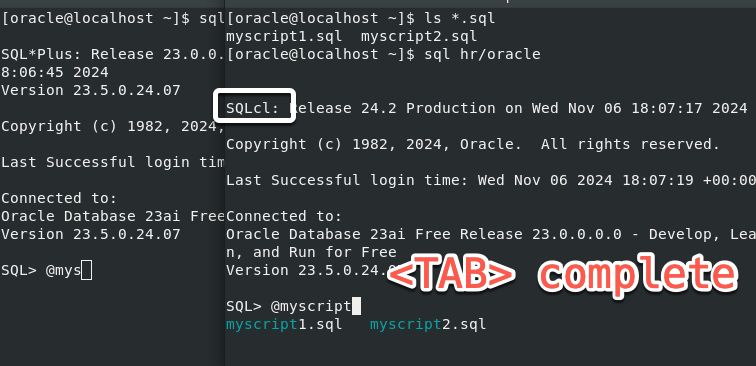 Oracle SQLcl command line interface for Oracle Database, using the tab key to get file names autocompleted for executing scripts. 