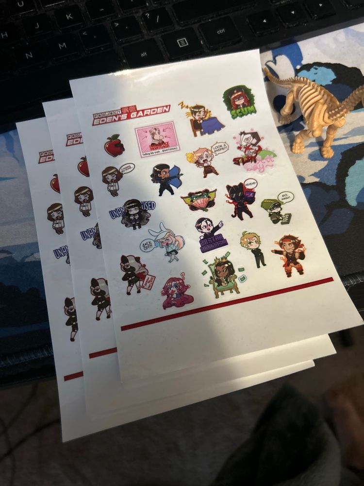 Multiple sticker sheets of the characters from Project: Eden’s Garden drawn by Sabrina Twyla, voice actress of Cassidy Amber.