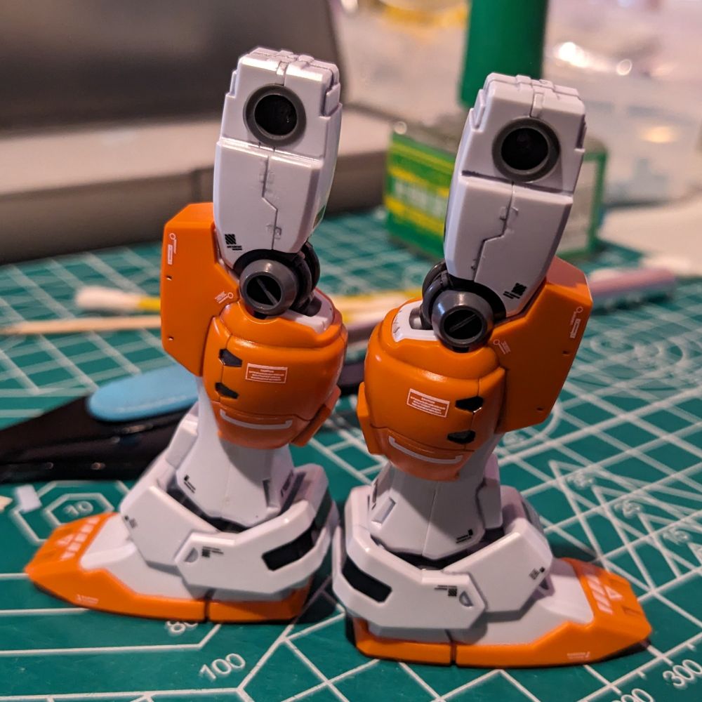 HGUC Powered GM model kit - image shows the inside leg sides, highlighting the decal application.
