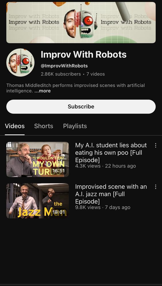 Sex Pest Thomas Middleditch’s youtube channel Improv with robots where he does scenes with chatgpt cause no one wants to be near him