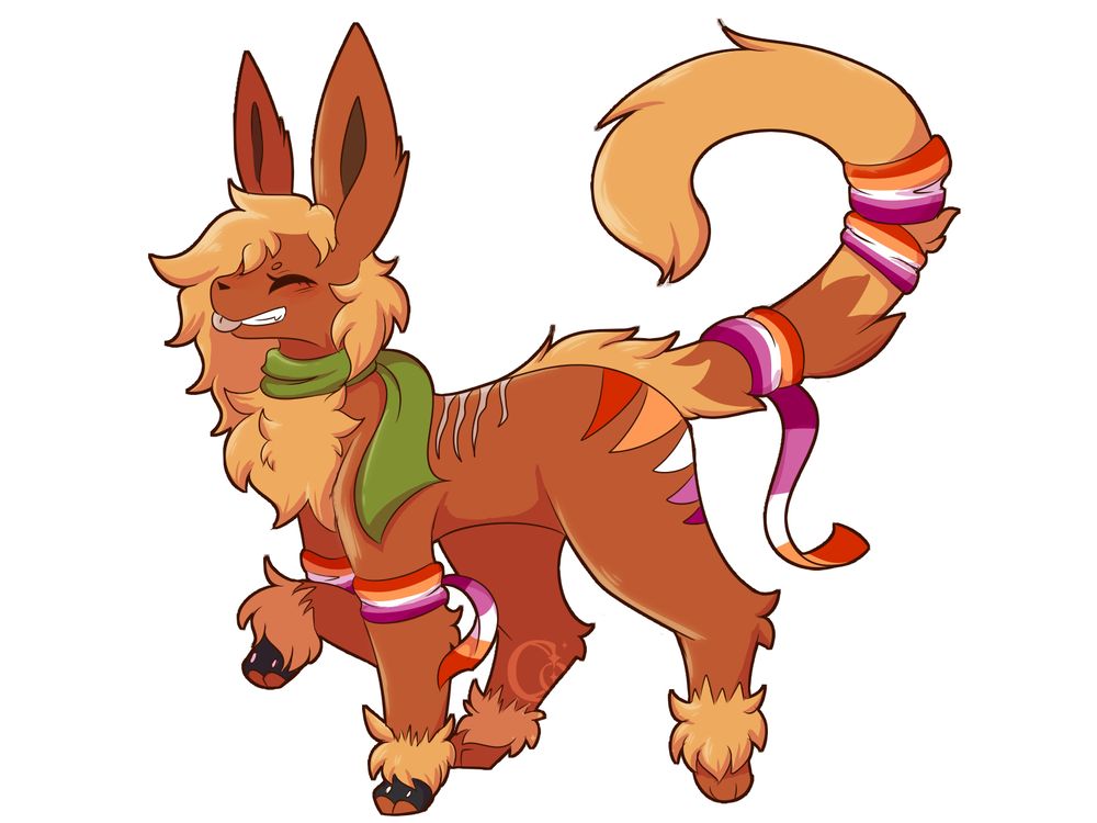 A fakemon eeveelution with a green scarf wrapped with lesbian flags on their tails and paws. They also have black gloves on them!