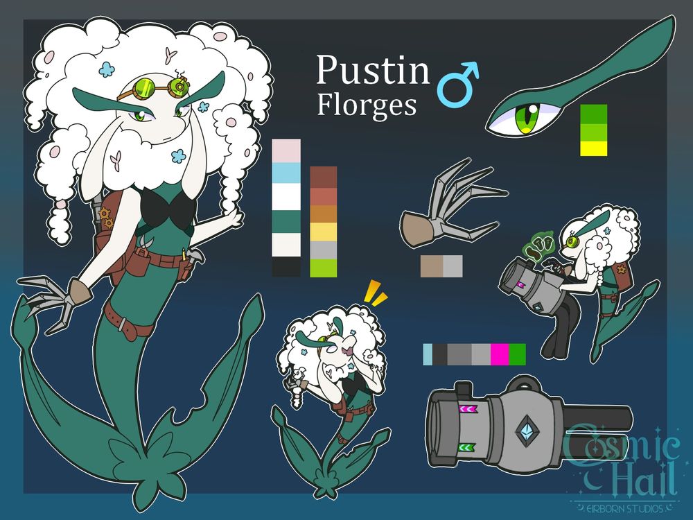 A white male Florges by the name of Pustin! He is a friendlocke character! He has steampunk goggles with green lens and a metal hand that he can take on and off at will! He also has a work belt with a steampunk bag where he is able to have his cannon!

He also possesses some sort of green magic that lets him levitate objects.