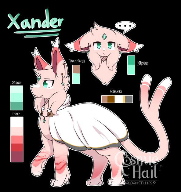 It’s an art reference of a pink Espeon with beautiful markings! They have pretty markings on their paw, a dark pink gradient with darker colored stripes and they have a small white markings on their muzzle, lower lid of the eye, the ends of their tail and the ears! They have an emerald green gem that’s shaped as a diamond. They are also wearing a white cloak! 