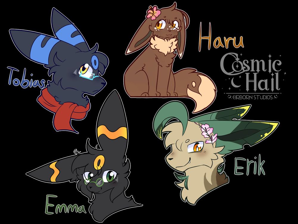 A headshot of a shiny umbreon with a red scarf, yellow eyes, and light blue glasses paired with another umbreon headshot with wavy orange rings but has green eyes with green glasses. There's a fullbody eevee with a pink flower with freckles and orange eyes. The leafeon has a mischievous grin with yellow tips on his ears and a pretty pink flower. He has also orange eyes. 