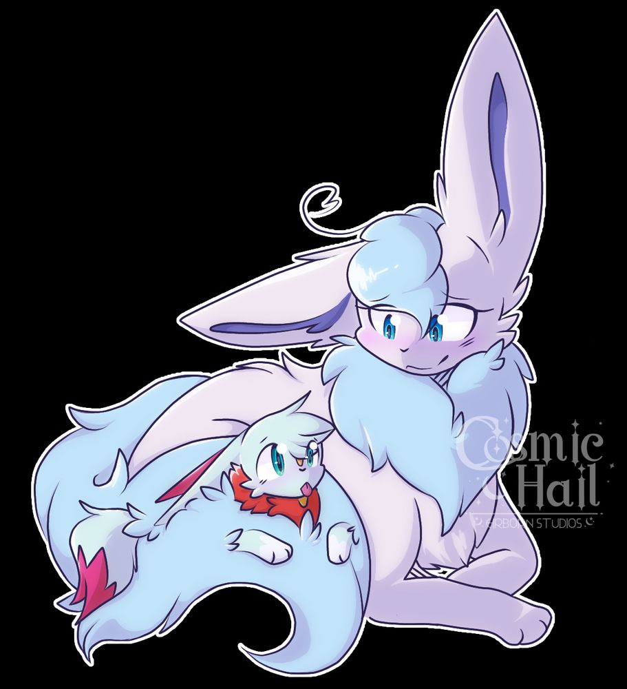 A female Flareon with fluffy fur with unique colors of blue for the fluff and a soft light purple, laying down with their young son. Their son is an fusion of an eevee with sneasel, who is covered in their mother’s tail 