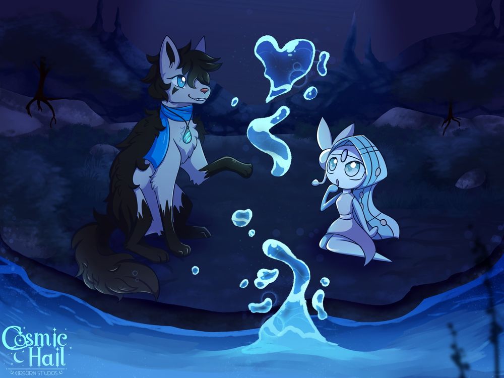 A female mightyena with blue eyes, blue scarf and a glowing blue necklace is with their girlfriend who happens to be a meloetta! They are both in a underground cavern with a beautiful lake. The mightyena is using water magic to form a heart for the amazed meloetta!
