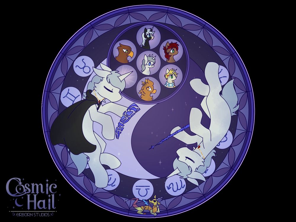 A purple stained glass, decorated with zodiac signs and stars with two white ponys circling one with magical purple weapons! They look exactly the same with one of them having a black cloak. In the background, there’s a ying yang sign. Within the upper circle, there’s 4 ponies with various colors and two griffins!
There’s also a small tiny discord at the bottom