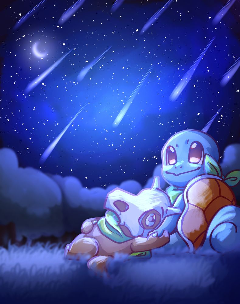Simon (Squirtle) sitting on the grass in the middle of a forest clearing, and holding the hand of Mark (Cubone) who is laying down on Simon's lap.

They are both looking upwards towards the night sky, which shows the moon and a bunch of shooting stars.
