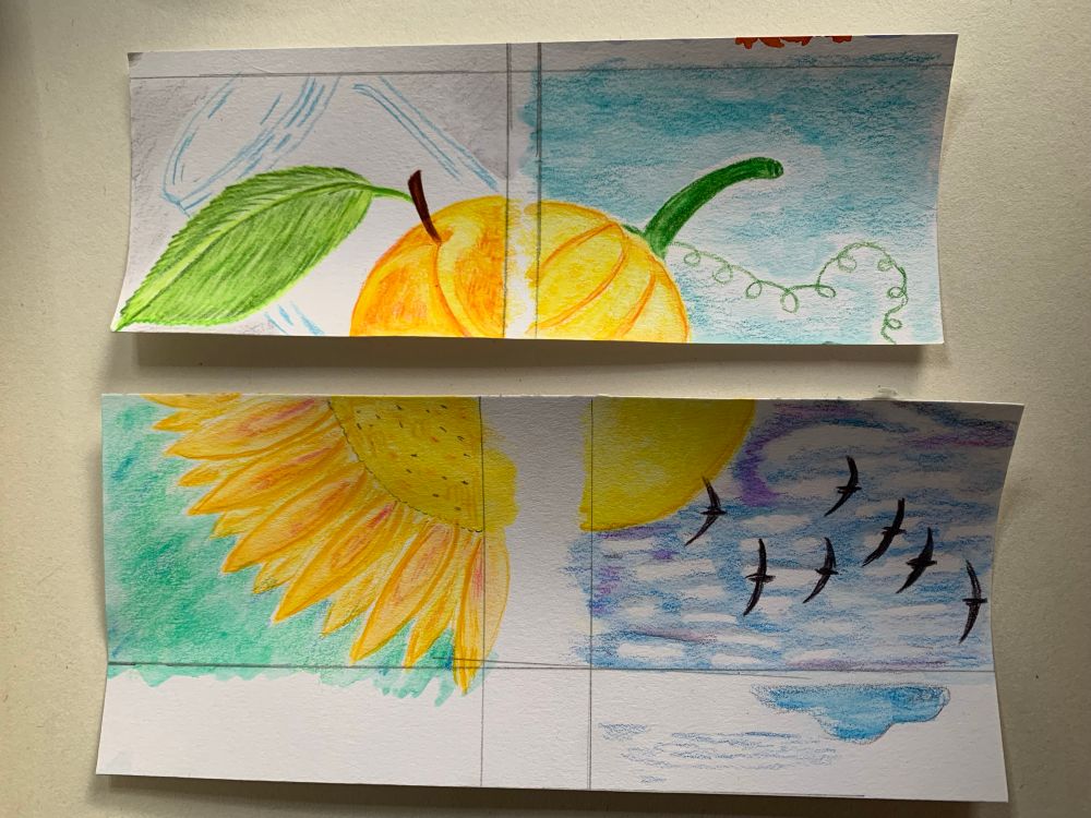 Vier ATC September zu Sommerausklang: Aprikose, Kürbis, Zugvögel, Sonnenblume, Aquarell von oben links im Uhrzeigersinn