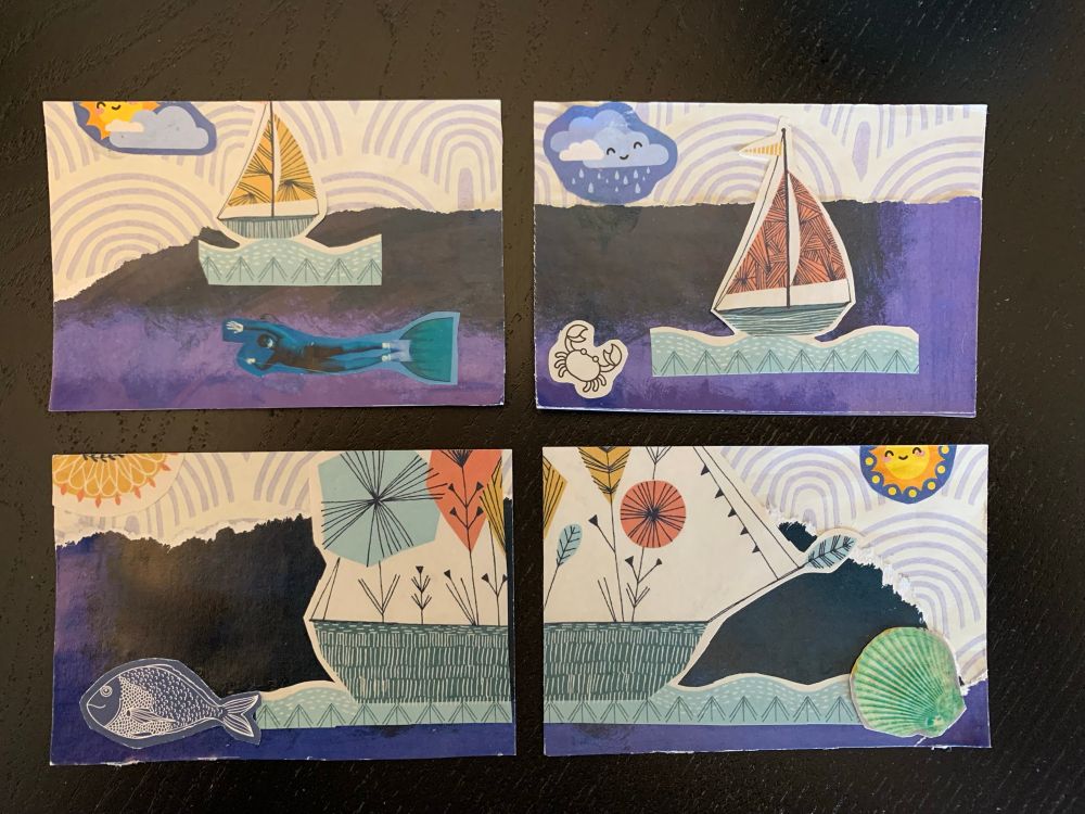 Fundstücke aus Zeitschriften, Schnipsel mit maritimen Motiven, Schiffe, ein Taucher, Krebs und eine Muschel auf vier ATC verteilt. Die Hintergründe in Blautönen bestückt mit je einer Sonne bzw. einmal eine Wolke mit Regen