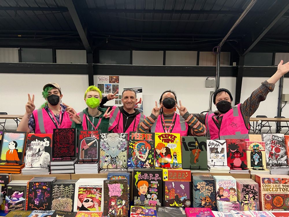 Setting up the Silver Sprocket table at Thought Bubble