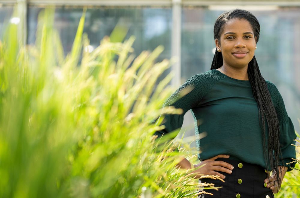 Shanice Webster standing confidently in front of tall grasses with a greenhouse in the background.
